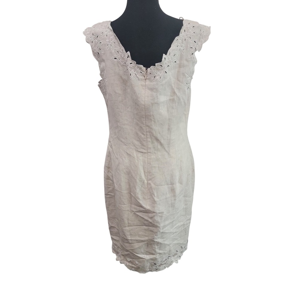 Linen Eyelet Embroidered Sheath Dress Sleeveless Beige Oatmeal Knee Length - Picture 5 of 5